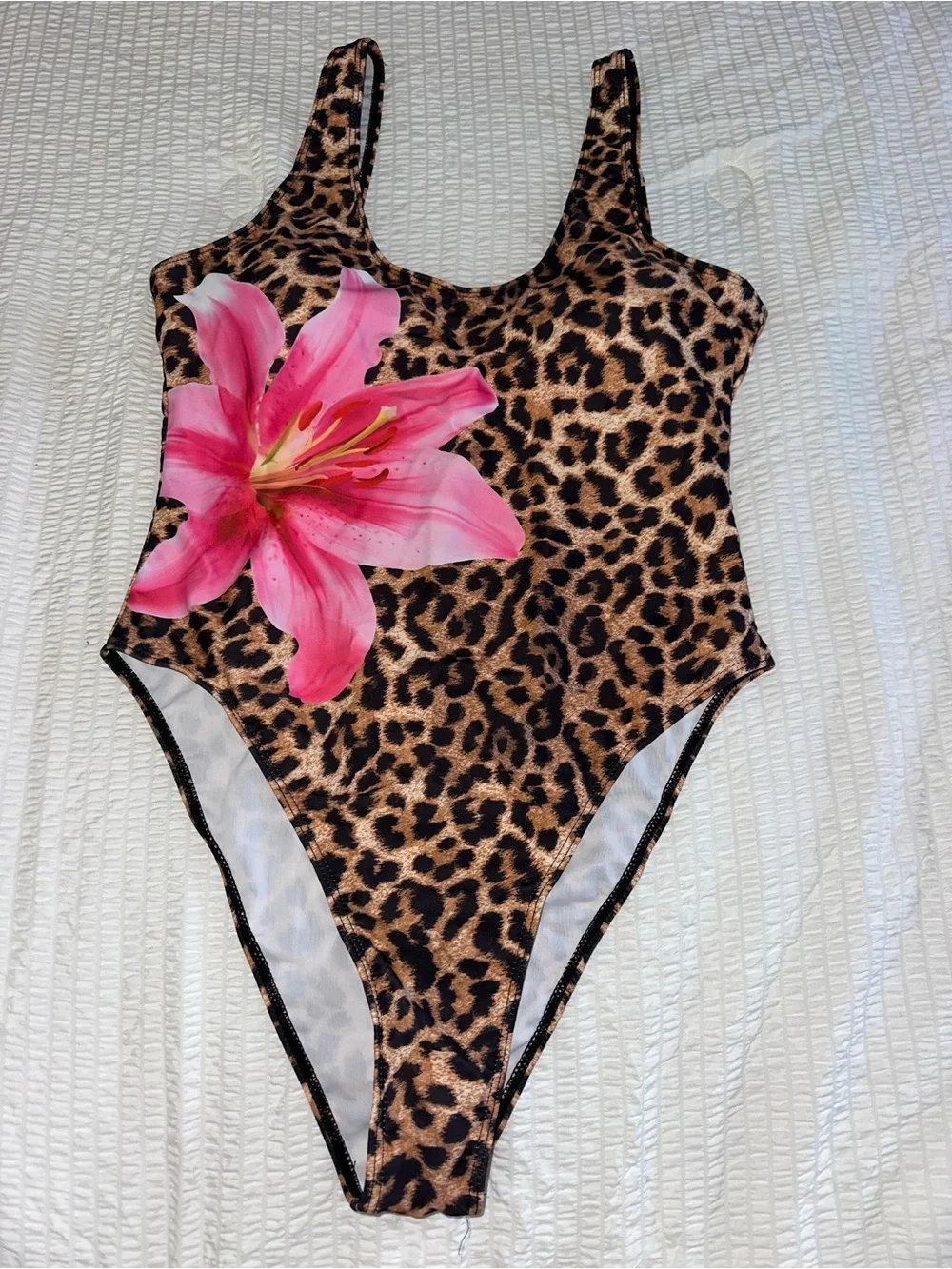 SHEIN Leopard Print One-Piece Swimsuit with Pink Floral Accent